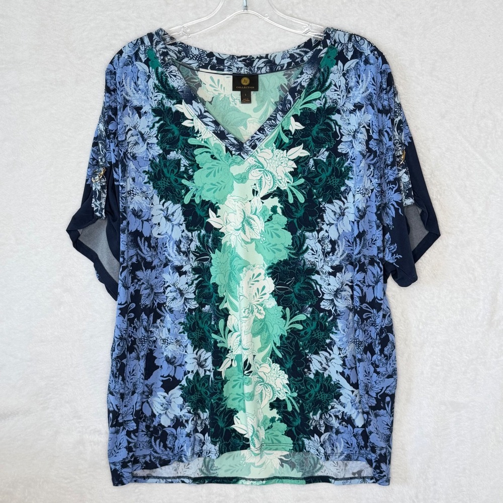 JM Collection Womens L Blue Floral V-Neck Top Short Sleeve Gold Ring Blouse